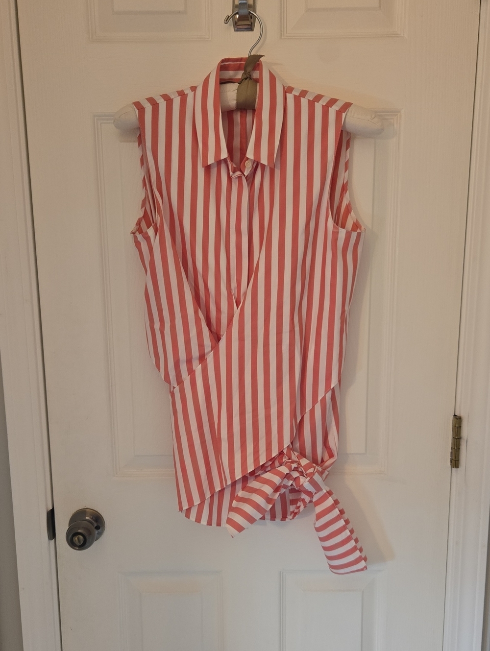 Akris Coral and White Striped Sleeveless Wrap-Blouse with Tie